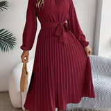 greatnfb  Solid Color Mock Neck Pleated Dress, Elegant Long Sleeve Belted A-line Dress, Women's Clothing