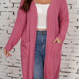 Plus Size Solid Color Double Pockets Cardigan, Casual Open Front Long Sleeve Cardigan For Spring & Fall, Women's Plus Size Clothing