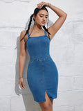 Women's Split Denim Bodycon Dress, Sexy Sleeveless, Knee-Length, Slim Fit, Summer Fashion, Back Zip Closure, Casual Streetwear