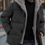 Men's Color Block Fleece Padded Jacket - Warm, Water-Resistant, and Breathable with Zip-Up Closure, Multiple Pockets, and Adjustable Hood - Perfect for Winter Outdoor Activities and Casual Daily Wear
