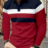 Men's Stylish Color Block Polo Shirts - Long Sleeve Lapel Golf Polos with Mid Stretch, Regular Fit, and Casual Style for Spring/Autumn Season Wear