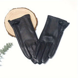 Warm & Waterproof Velvet Lined Leather Gloves - Rich Solid Color, Genuine Leather, Button Touchscreen, Classic Design, Insulating Warmth - Perfect for Autumn and Winter Driving, Cycling, and Outdoor Activities