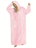 Solid Plush Hooded Robe, Warm & Comfy Long Sleeve Robe With Pockets, Women's Sleepwear