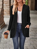 Plus Size Open Front Ribbed Cardigan, Casual Dual Pockets Long Sleeve Cardigan For Fall, Women's Plus Size Clothing