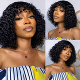 Short Bob Curly Human Hair Wigs With Bangs None Lace Front Human Hair Wigs For Women 180% Density Kinky Curly Fringe Bang Wig Human Hair Machine Made Brazilian Unprocessed Virgin Hair Wigs Natural Color