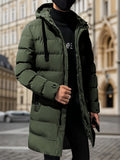 Men's Winter Thickened Padded Hooded Pullover Coat, Windproof Mid-Length Warm Casual Fashion Cotton Jacket, Polyester Fabric, Solid Color, Regular Sleeves, Long Length, Zipper Closure, Pocket Detail, Daily & Leisurewear