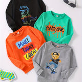 4pcs Fun Boys' Dinosaur, Bear, and Letter Print Casual Pullover Sweatshirts - Soft, Long Sleeve, Crew Neck, Creative Tops for Outdoor Play - Boys' Clothing for Everyday Wear