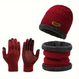 Cozy 3pcs Winter Set: Thick Fleece-Lined Beanie, Scarf & Touchscreen Gloves -, Cotton, Hand Washable