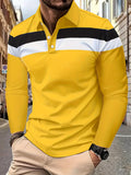 Men's Stylish Color Block Polo Shirts - Long Sleeve Lapel Golf Polos with Mid Stretch, Regular Fit, and Casual Style for Spring/Autumn Season Wear