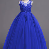 Elegant Princess Lace Gown for Girls - Flower Accents, Sleeveless Tulle, Full-Length - Ideal for Weddings, Pageants, and Formal Events