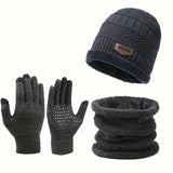 Cozy 3pcs Winter Set: Thick Fleece-Lined Beanie, Scarf & Touchscreen Gloves -, Cotton, Hand Washable