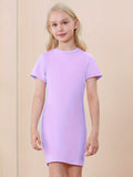 3-Pack Girls Short Sleeve Slim Fit T-Shirt Dress - Soft & Breathable, Crew Neck, Solid Colors, Casual Everyday Style