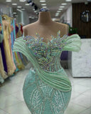 Elegant Mint Green Mermaid Evening Dresses Sheer Jewel Neck Beaded Crystals Prom Gowns Birthday Special Occasion Dress