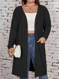 Plus Size Solid Color Double Pockets Cardigan, Casual Open Front Long Sleeve Cardigan For Spring & Fall, Women's Plus Size Clothing