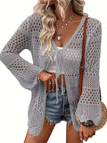 Plus Size Scallop Trim Solid Kimono, Casual Cut Out Long Sleeve Lace Up Kimono, Women's Plus Size Clothing