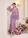 greatnfb  Ruched Surplice Neck Mermaid Hem Dress, Elegant Long Sleeve Bodycon Dress For Party & Banquet, Women's Clothing