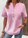 greatnfb  Striped Print Notched Neck Blouse, Casual Short Sleeve Button Front Blouse For Spring & Summer, Women's Clothing