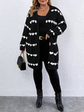 Plus Size Heart Pattern Knitted Cardigan, Casual Long Sleeve Open Front Cardigan, Women's Plus Size Clothing