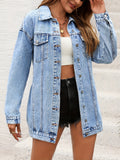 Plain Washed Blue Tie Belt Long Sleeve Stylish Chic Streetwear Denim Jacket, Women's Denim Jeans & Clothing