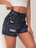 greatnfb Ripped Raw Hem Slash Pocket Denim Shorts, Dark Washed Blue Distressed Denim Shorts, Women's Denim Jeans & Clothing