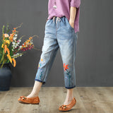 greatnfb Jeans Women's Spring and Autumn New Embroidered High Waist Retro Tattered Jeans Women's Pants Harem Pants Cropped Pants plus Size