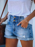 greatnfb Ripped Holes Washed Denim Shorts, Rolled Hem Double Button Denim Shorts, Women's Denim Jeans & Clothing