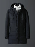 Men's Plus Size Long Hooded Puffer Jacket - Casual, Zip-Up, Polyester Fleece Lined for Winter Warmth