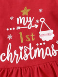 My 1st Christmas Baby Girl's Outfit, Ruffle Santa Claus Print Tunic Dress Shirt & Striped Pants Set