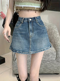 greatnfb Plain High Rise Denim Skorts, Slash Pocket Washed Blue Versatile Denim Shorts, Women's Denim Jeans & Clothing