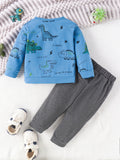 2pcs Boy's Color Clash Outfit, Dinosaur Pattern Sweatshirt & Patched Sweatpants Set, Casual Long Sleeve Top, Kid's Clothes For Spring Fall Winter, As Gift