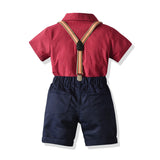 GREATNFB Foreign Trade Boys Summer Suit Gentleman Dress Bow Tie Red Striped Shirt Suspender Pants Birthday Gift Children Outwear