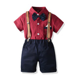 GREATNFB Foreign Trade Boys Summer Suit Gentleman Dress Bow Tie Red Striped Shirt Suspender Pants Birthday Gift Children Outwear