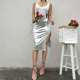 GREATNFB INS Summer New Style Silver Bright Leather Slit Skirt High Waist Mid Skirt Sheath Skirt