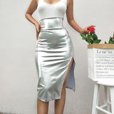 GREATNFB INS Summer New Style Silver Bright Leather Slit Skirt High Waist Mid Skirt Sheath Skirt