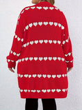 Plus Size Heart Pattern Knitted Cardigan, Casual Long Sleeve Open Front Cardigan, Women's Plus Size Clothing