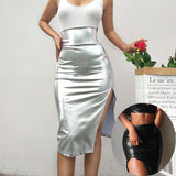 GREATNFB INS Summer New Style Silver Bright Leather Slit Skirt High Waist Mid Skirt Sheath Skirt