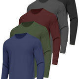 5 Pack Solid Color Long Sleeve T-Shirts - Breathable, Quick-Dry, Moisture-Wicking Crew Neck Tops for Men - Perfect for Summer Sport, Casual Wear, Outdoor Activities, and Daily Life