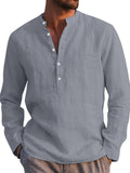 Plus Size Men's Breathable Relaxed Fit Solid Shirt - Half Button, Stand Collar, Long Sleeve, Cotton Blend, Casual, Comfortable, Versatile - Ideal for Outdoor Activities, Daily Wear, and Travel