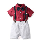 GREATNFB Foreign Trade Boys Summer Suit Gentleman Dress Bow Tie Red Striped Shirt Suspender Pants Birthday Gift Children Outwear