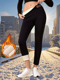 Plus Size High Waisted Leggings for Women - Winter Thermal Fleece Lined Skinny Pants, Polyester 95%, Elastane 5%, Elegant Medium Stretch Knit Fabric, Solid Color, Warm Tummy Control션