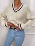 NEW Frenchy Striped Trim Drop Shoulder Cricket V Neck Sweater