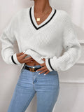 NEW Frenchy Striped Trim Drop Shoulder Cricket V Neck Sweater