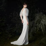 Light Wedding Dress New Spring Hepburn Pearl Puff Sleeve Dress Satin Fishtail Temperament Slimming Travel Shooting Wedding Dress