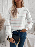 NEW LUNE Women's Tightened Cuff Contrast Fine Striped Casual Sweater With Round Neckline For Autumn And Winter