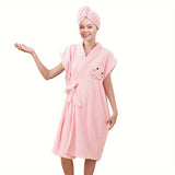 Plush Furry Wearable Towel Bathrobe Set - Bathing Accessories for Women - Soft, Quick-Dry, Absorbent Shower Wrap with Smiling Face Pattern, Adjustable Straps, and Comfortable Design for Bathroom and Home Use