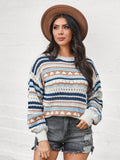 NEW LUNE Women's Tightened Cuff Contrast Fine Striped Casual Sweater With Round Neckline For Autumn And Winter