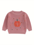 6 Months-4 Years Adorable Toddler Baby Girls' Pumpkin Pattern Halloween Long Sleeve Round Neck Chunky Knit Sweater - Soft and Cozy Pullover for Autumn and Winter - Perfect for Dressing Up or Everyday Wear