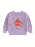 6 Months-4 Years Adorable Toddler Baby Girls' Pumpkin Pattern Halloween Long Sleeve Round Neck Chunky Knit Sweater - Soft and Cozy Pullover for Autumn and Winter - Perfect for Dressing Up or Everyday Wear