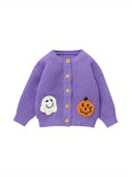 Cute Knitted Ghost Pumpkin Cardigan Sweater - Soft, Warm, Crew Neck, Embroidery Design, Fall Winter Jacket - Halloween Themed Baby Girls' Clothing for Cold Weather