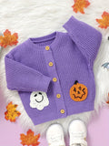 Cute Knitted Ghost Pumpkin Cardigan Sweater - Soft, Warm, Crew Neck, Embroidery Design, Fall Winter Jacket - Halloween Themed Baby Girls' Clothing for Cold Weather